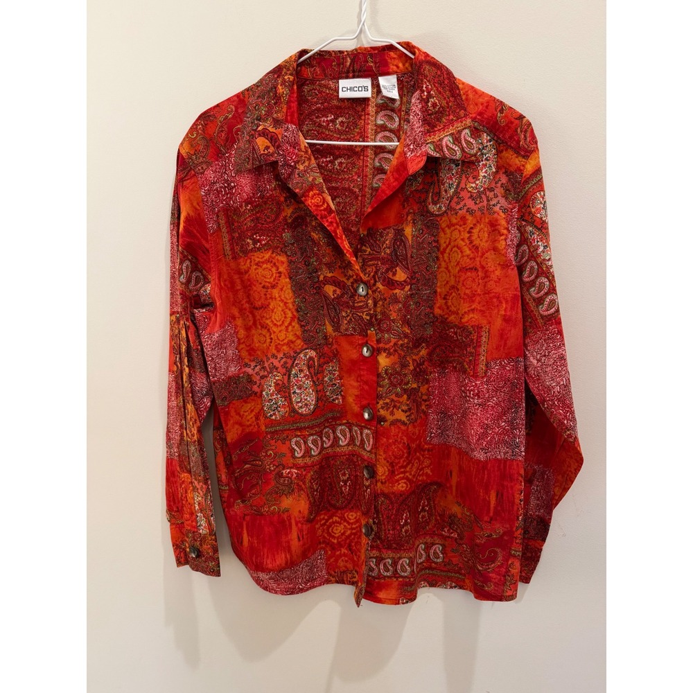 Chicos Red Orange Paisley Patchwork Button Down Shirt Cotton Size 2 Large